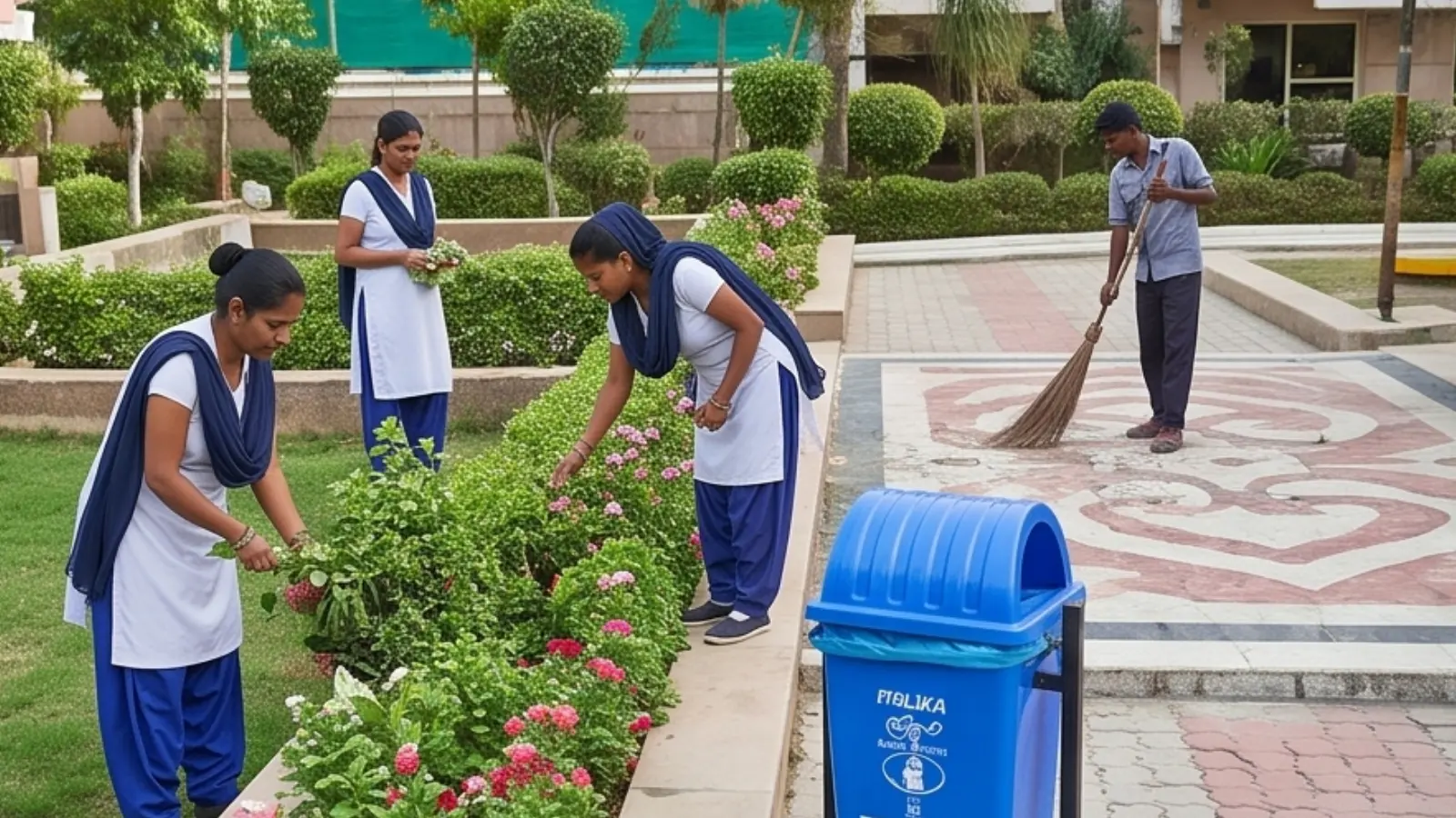 Groundskeeper maintaining a landscaped garden