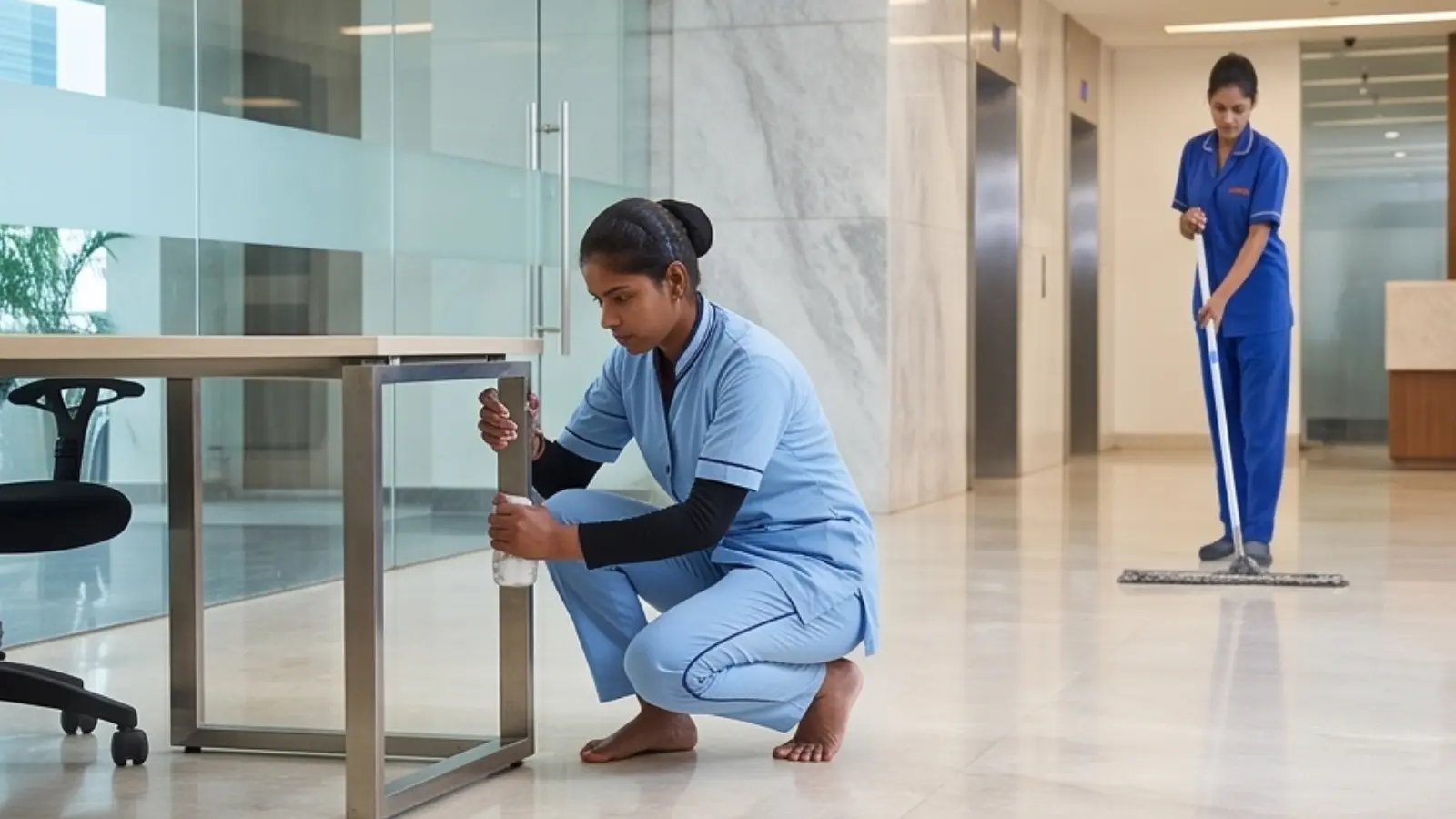 Housekeeping staff cleaning a building interior