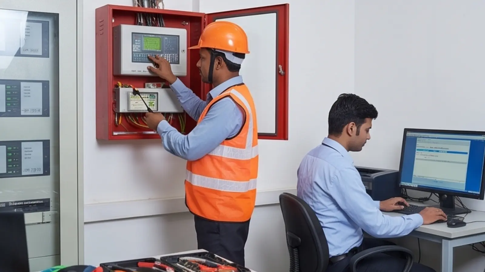 Technician performing maintenance on building equipment